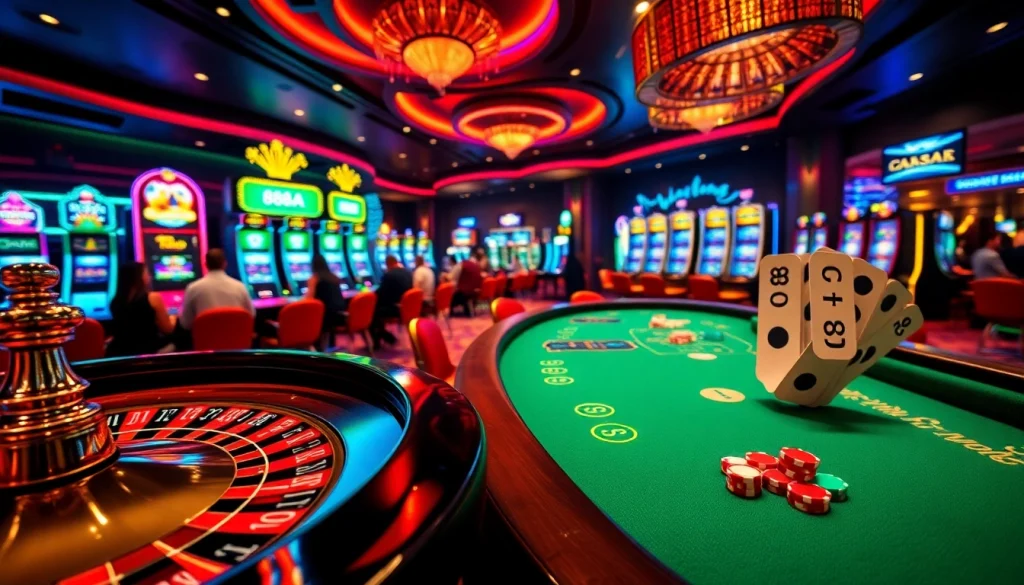 Experience the thrilling atmosphere of 88AA gambling with vibrant casino tables and excited players enjoying poker and roulette.