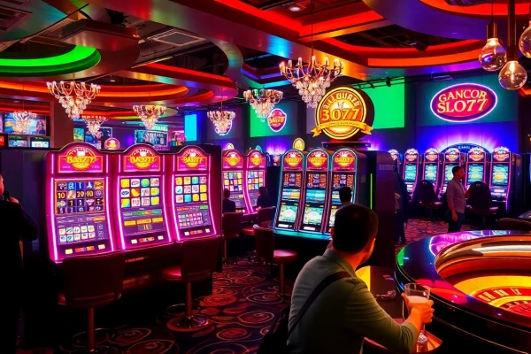 Players enjoying slot gacor slot777 machines in a vibrant casino setting with dynamic lighting and celebratory atmosphere.