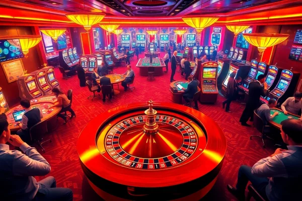 A dynamic casino scene highlighting the top nhà cái uy tín nhất with players around a roulette wheel and shining slot machines.