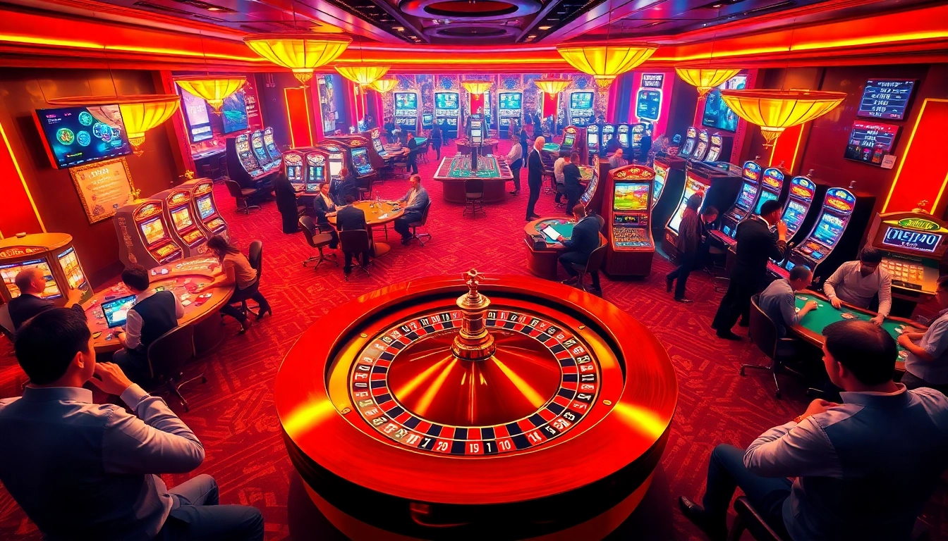 A dynamic casino scene highlighting the top nhà cái uy tín nhất with players around a roulette wheel and shining slot machines.