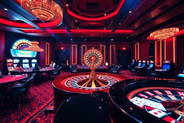 Experience the thrilling atmosphere of w388v.com with vibrant casino tables and players enjoying exciting games.